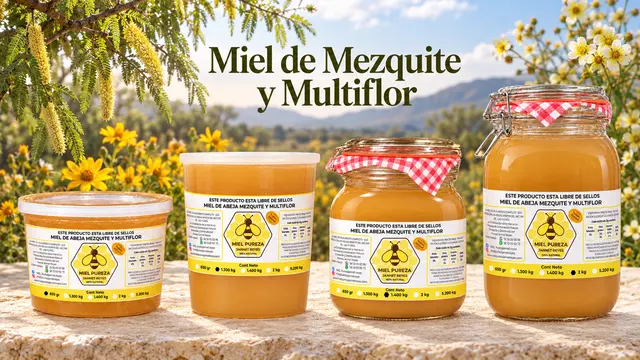 Presentaciones de Miel Multiflor y Mezquite: Clásica Small 650 g, Clásica 1.3 kg, Premium Medium 1.4 kg y Premium Max 2 kg